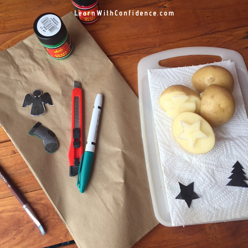 potato stamp art, template, gift bags, diy, christmas, paint