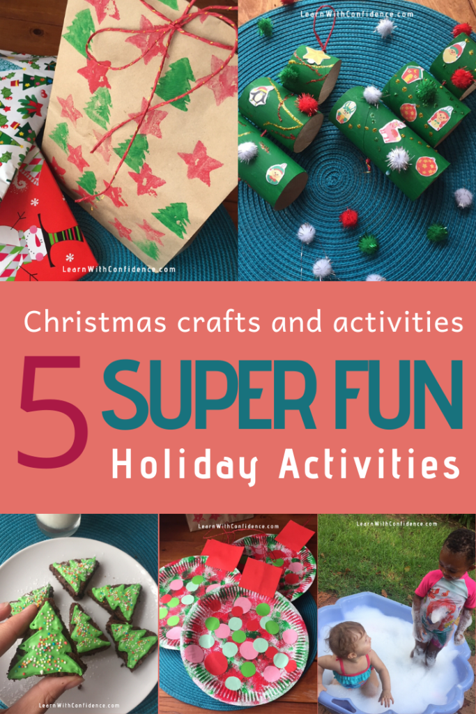 super fun activities, crafts, christmas, potato stamp art, gift bags, diy, christmas trees, brownies, toilet rolls, giant baubles, paper plate, bubble fun, baby pool, holidays