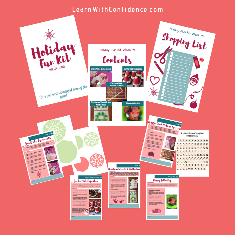 holiday fun kit, christmas, crafts, activities, snowflake ornaments, santa hat cupcakes, christmas wreath, mistle-toes, hand prints, foot prints, jello-dig, messy play, picture frames