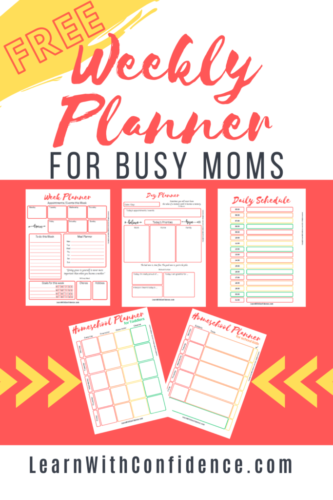 weekly planner for busy moms, free printable, week planner, day planner, daily schedule, homeschool planner
