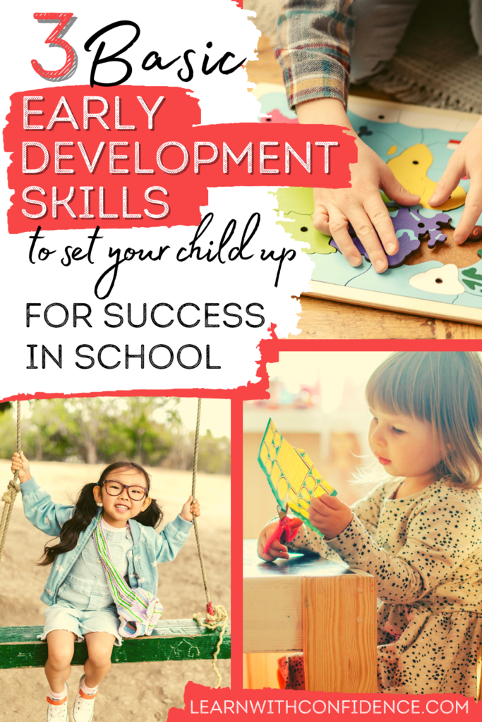 3 Basic Early Development Skills to set your child up for success in school. Child building a puzzle. child swinging on a swing. Child cutting a paper with scissors.