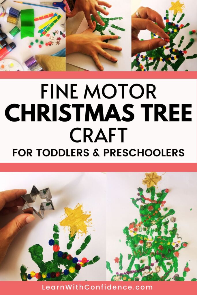 Fine Motor Christmas Tree Craft for Toddlers and Preschoolers. Pictures of steps in the process and the final product.