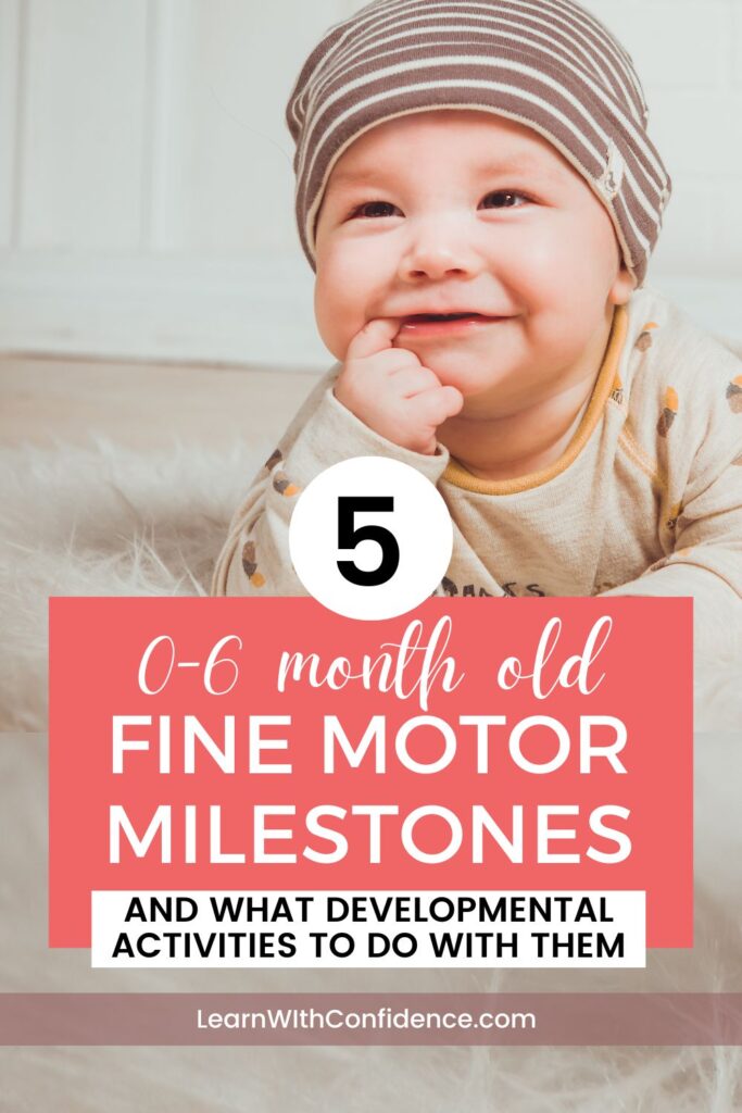 Smiling baby on tummy with index finger in his mouth. 5 Fine Motor Milestones of 0-6 month old babies and what developmental activities to do with them.
